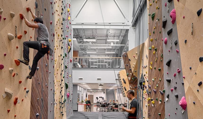 indoor climbing wall installed at a university
