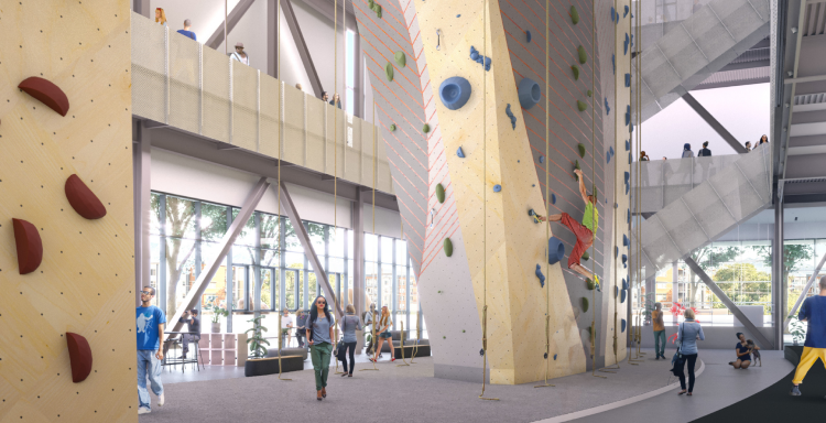 A digital mockup of a modern climbing gym interior