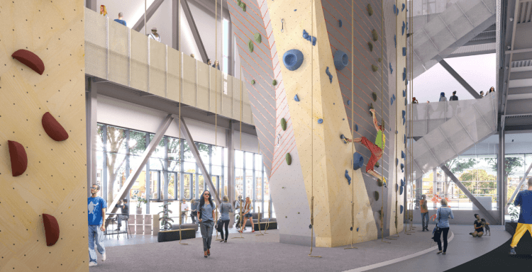 A digital mockup of a modern climbing gym interior