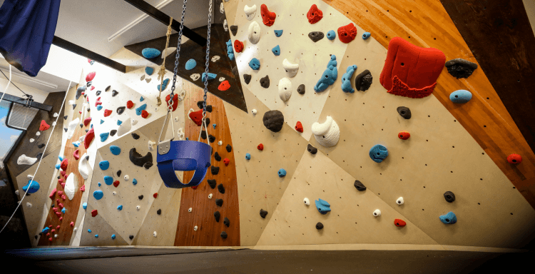 Home climbing wall with child's swing