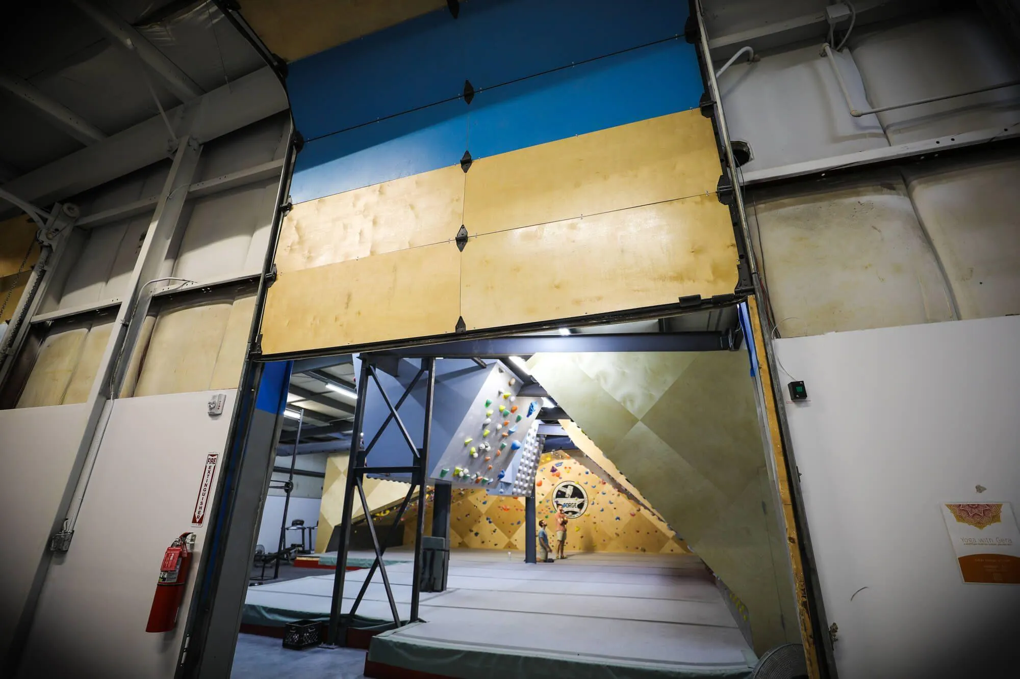 One of the two interior doors that separate The Forge from the bouldering areas. Left open during normal business hours, these get closed to allow 24 hour access to the training area for Forge members who require flexibility in their schedule.
