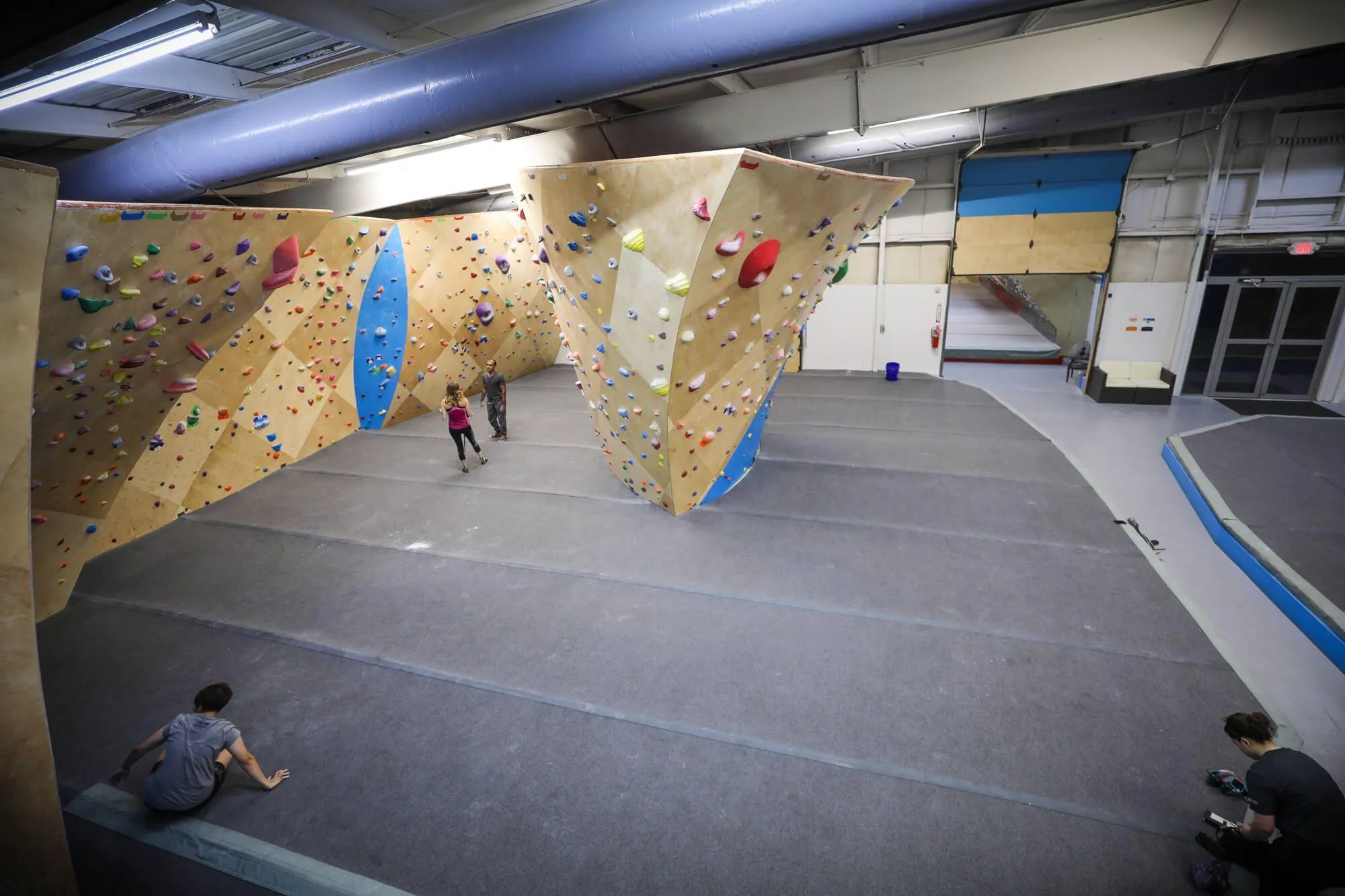 What a climber would see coming down from the mezzanine, showing how steep and high not only the Wave is, but also the north size of the Funnel Boulder.

