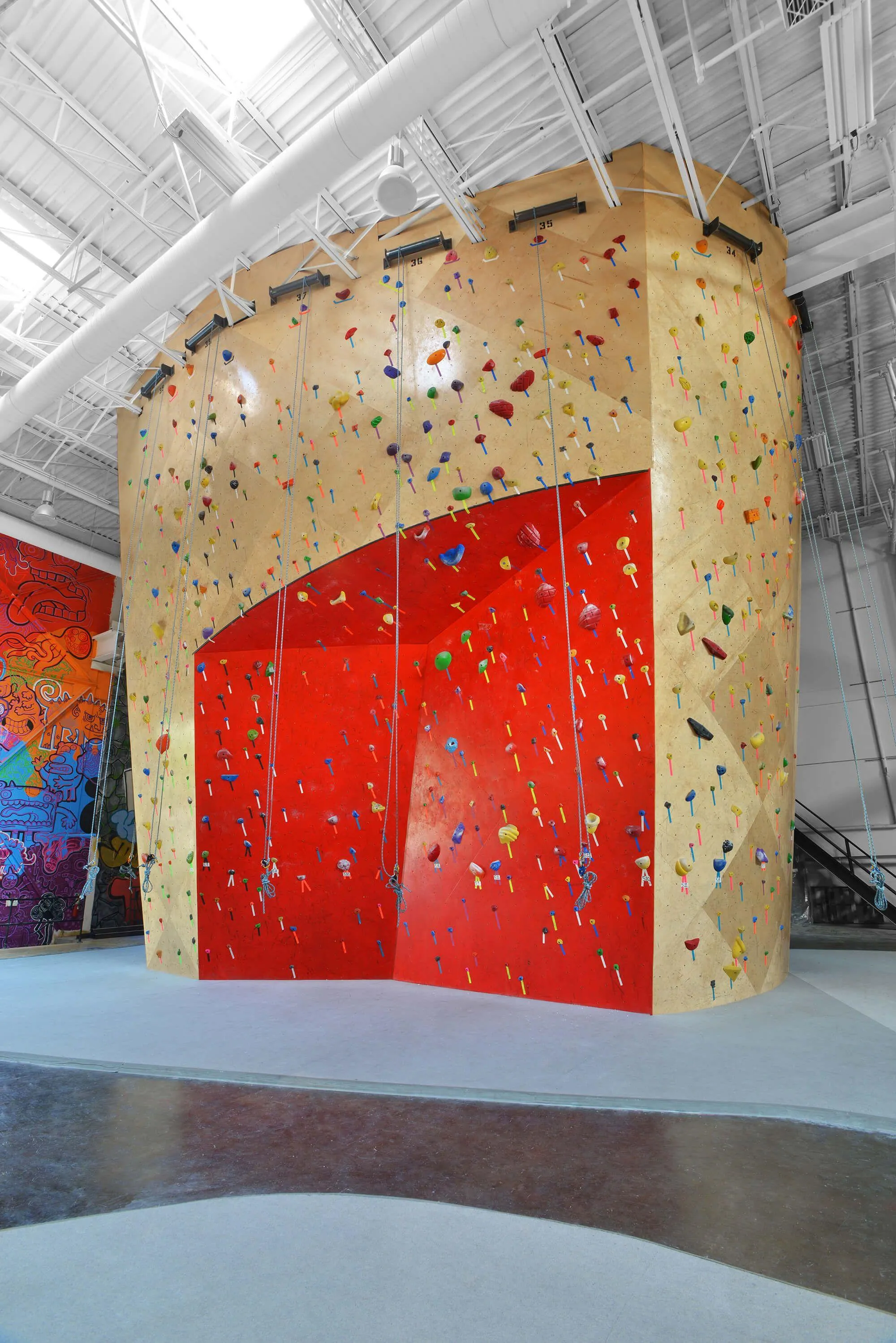 One of BKBs most distinct characteristics is the use of color and art throughout their facilities. The Somerville location is no different as they opted for a deep color stain on certain wall features to go along with their branding and graffiti on the walls surrounding the climbing.
