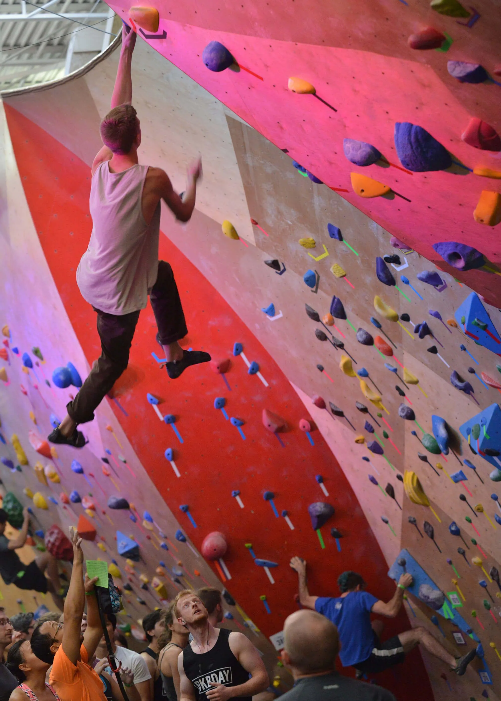 Having 24’ tall bouldering walls means comps attract only the fearless. As with all community events BKB provides, spectating is top-notch thanks to a floor plan and wall design that was scrutinized with this criteria in mind, well ahead of time.
