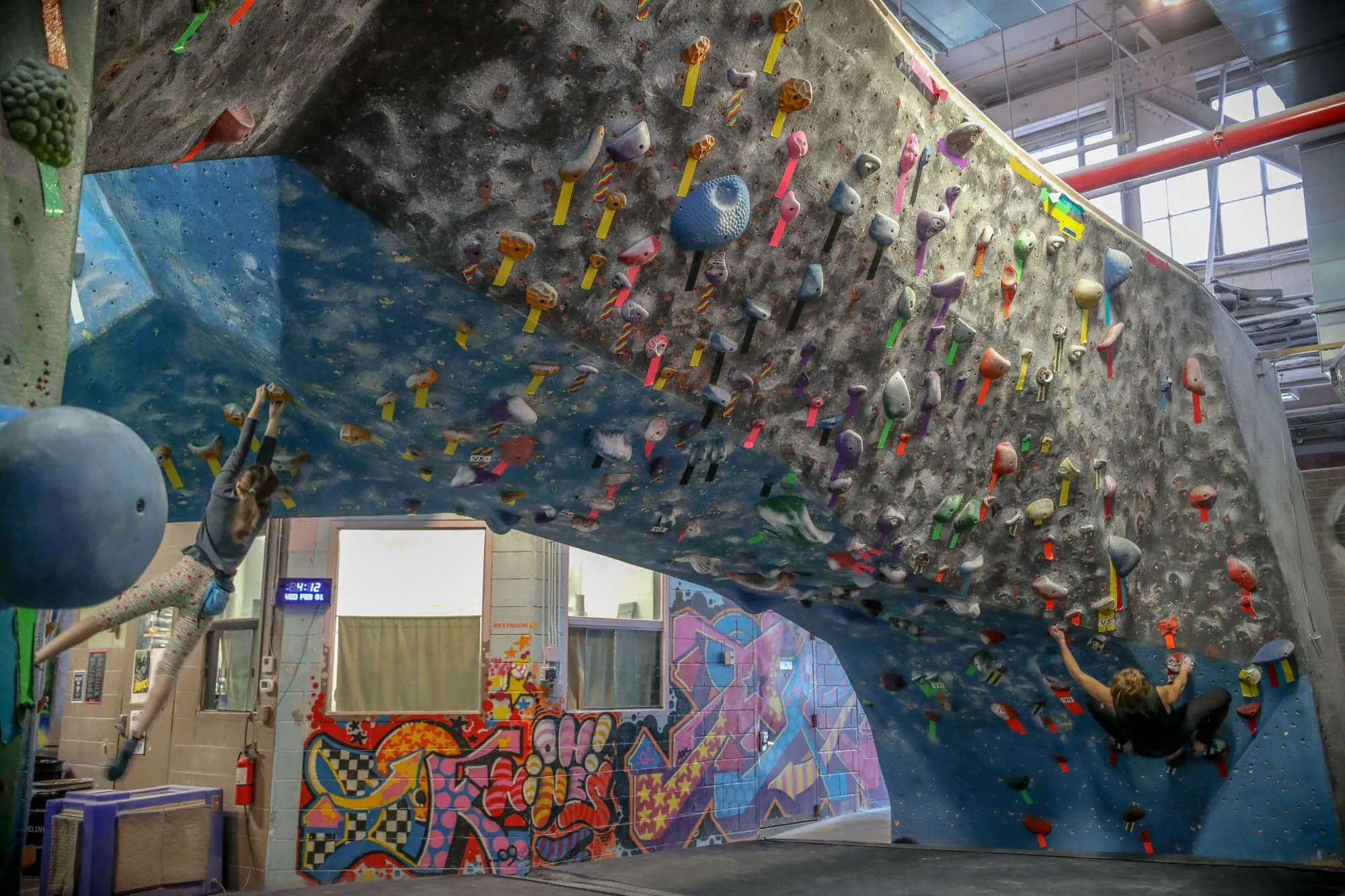 A view of one of the original owner-built bouldering wall areas in the rear of the facility that still stands today. These walls have seen some serious usage! While their condition doesn't hold up quite as well as the ones built by Vertical Solutions, it continues to be a popular area of the facility.
