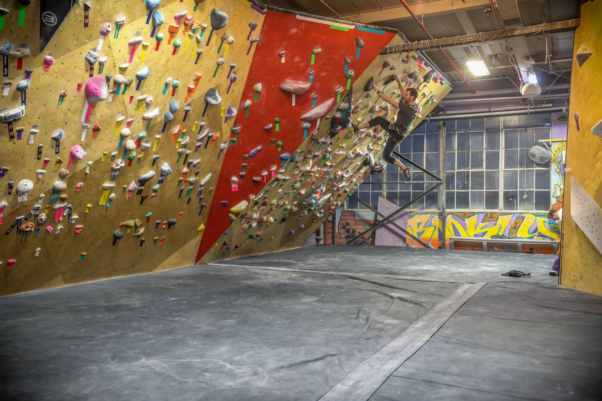 Another view of the multi-angle MLM climbing wall area that is completely guarded by the Habit bouldering flooring system. BKB was keen to incorporate a tasteful amount of custom wood stains and paints in their climbing wall designs to match the colorful artwork on all of their interior walls. 

