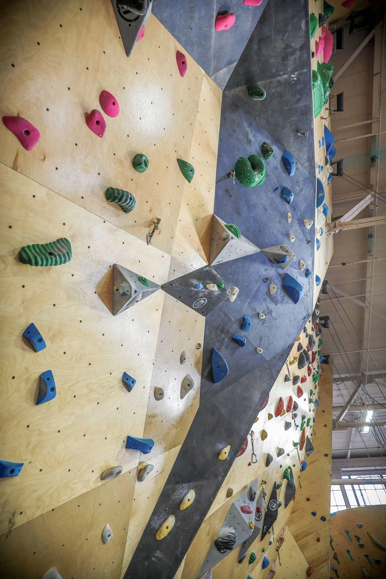 From the bottom of the lead climbing wall, the overhung angle designed-in is relatively intimidating but manageable. Heading all the way to the roof is no easy task. In the light reflections of this picture, you can see the custom clear wall textures Vertical Solutions coats our walls with to prevent holds from spinning
