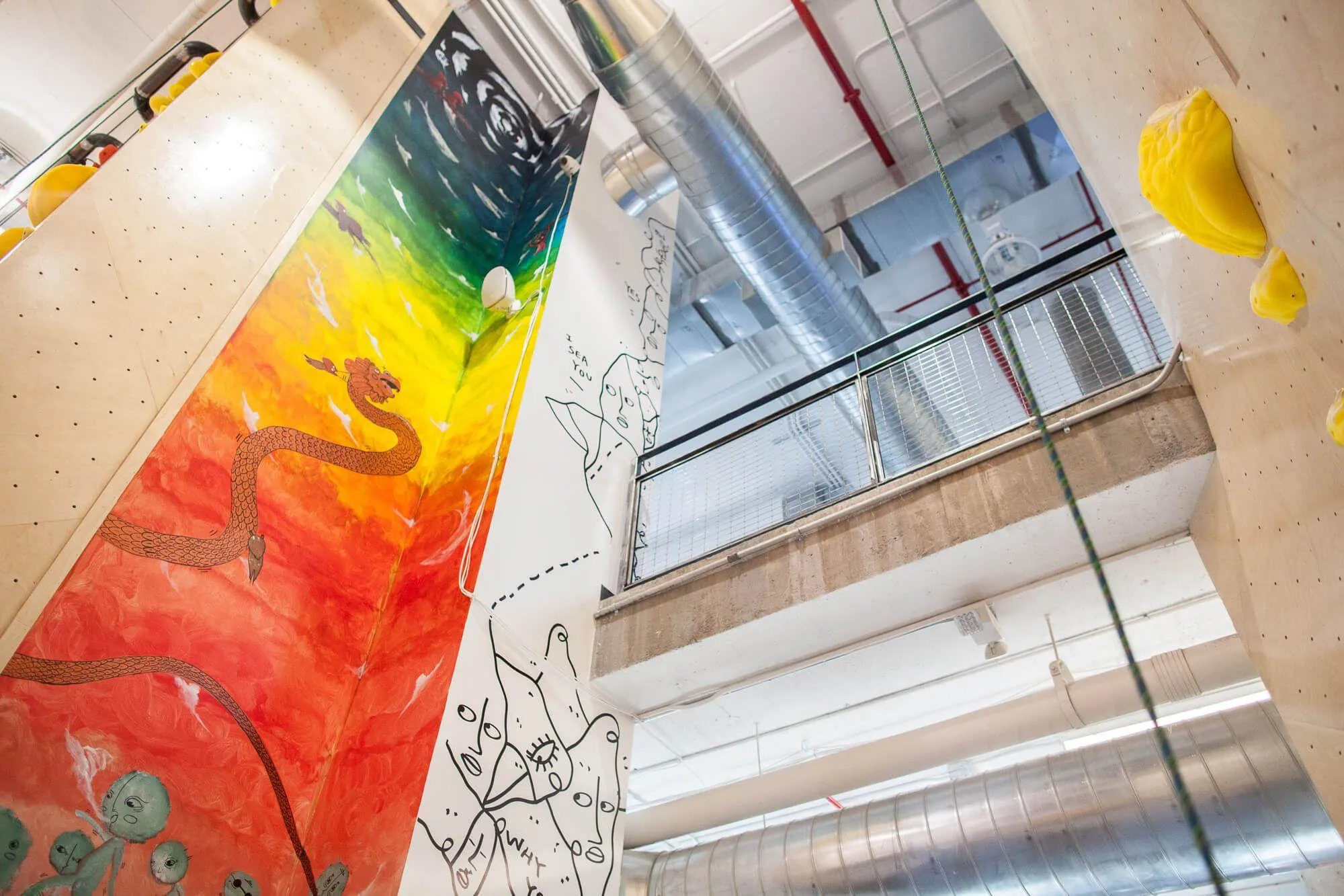 The view looking up at the elevator shaft with an indoor climbing wall on multiple sides, going up to the main entrance level.
