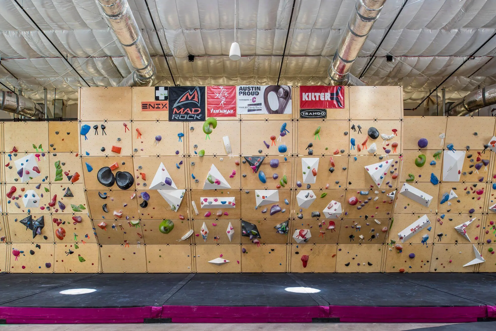 Another view of the famous Future Wall at Crux, which is actually an adjustable wall that can suit their customer’s mean climbing abilities as necessary. Truly a unique piece that adds to the funky feel of this Austin-based facility.
