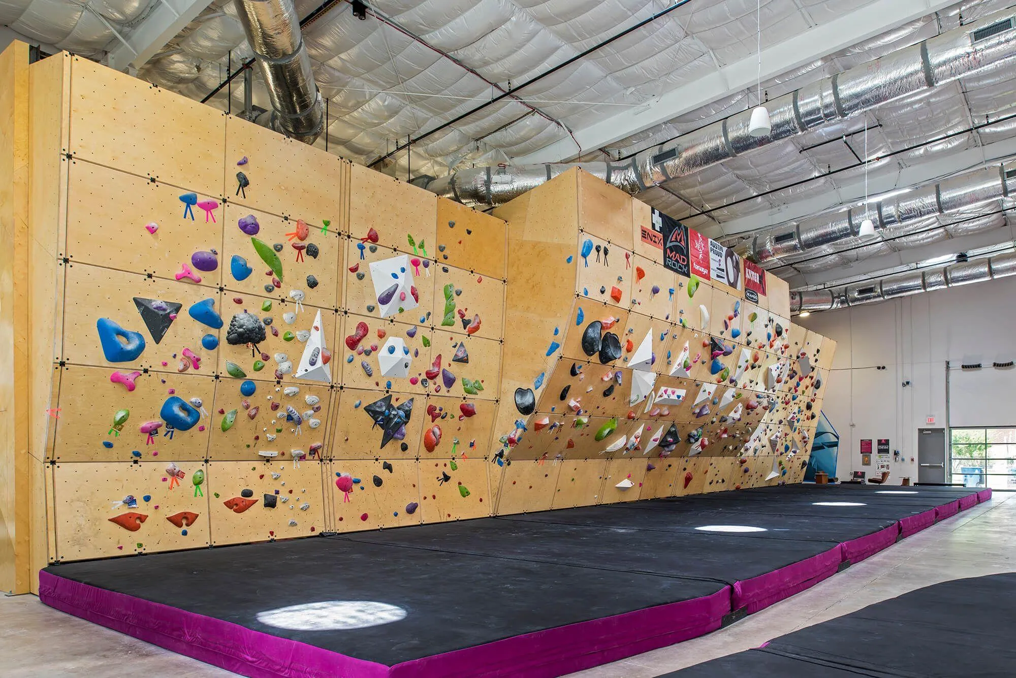 This first-of-its-kind wall is a dynamic bouldering area that can be reconfigured to offer fresh new terrain to ascend. This area serves as the main wall for the competitions that take place at Crux.
