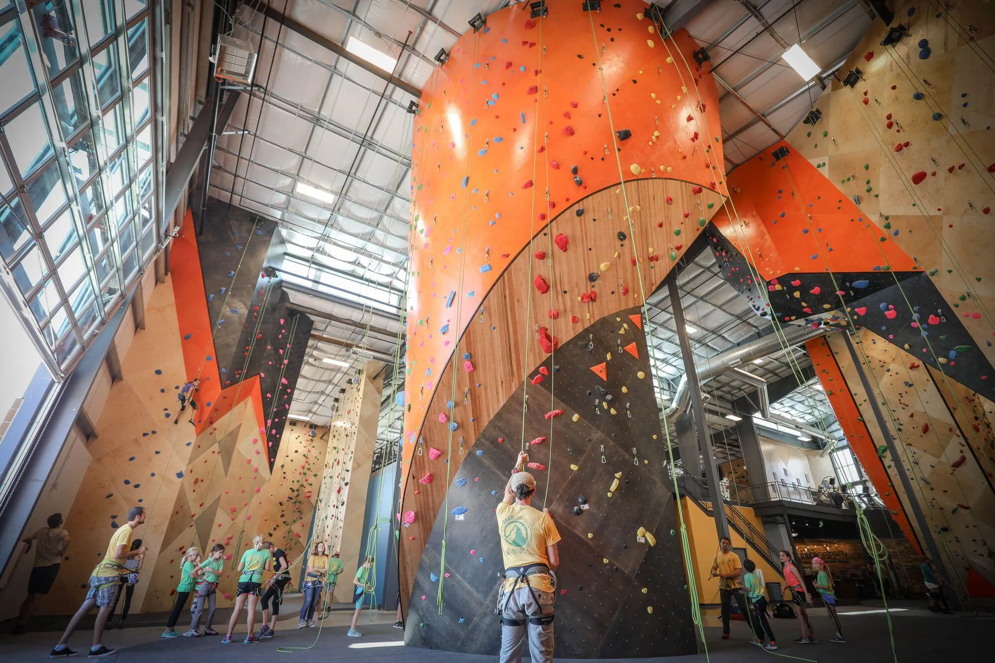 Another angle of The Spire, a freestanding climbing wall feature made possible thought the innovative approach Vertical Solutions takes with curved climbing wall design and manufacturing.
