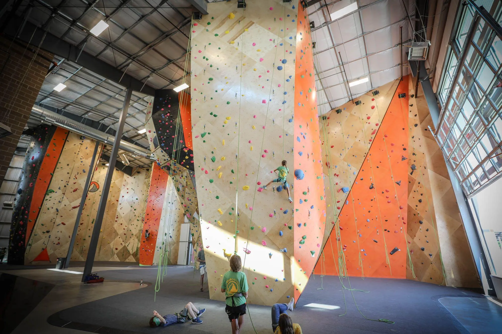 A view of 80% of the route climbing walls, which take advantage of the building's exterior walls while still providing large breaks to introduce sunlight and fresh air.
