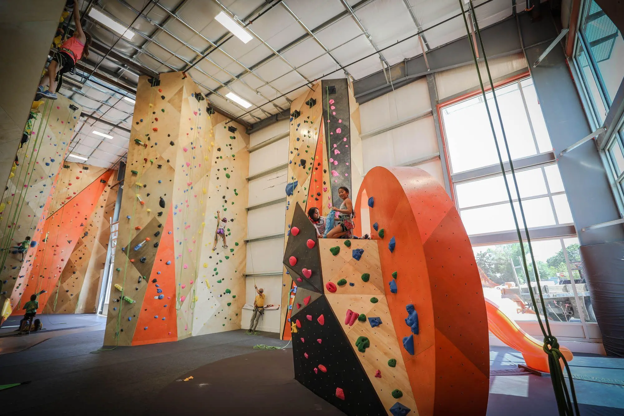 Another view of the youth climbing route walls, complete with freestanding structure.
